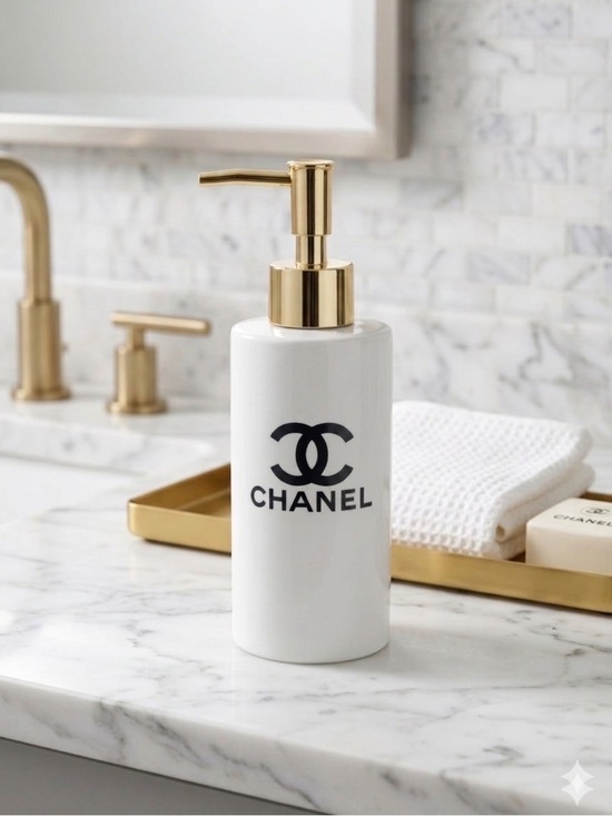 No Label Other - Chanel White Ceramic Soap Dispenser with Gold Pump and Black Logo